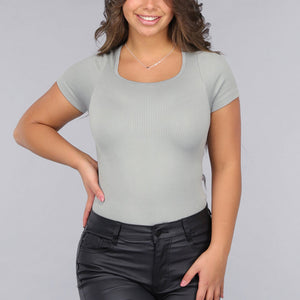 SALE30 Grijze Ribstof Stretch Shaping Bodysuit met Korte Mouwen