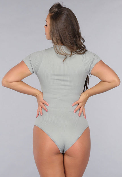 SALE30 Grijze Ribstof Stretch Shaping Bodysuit met Korte Mouwen