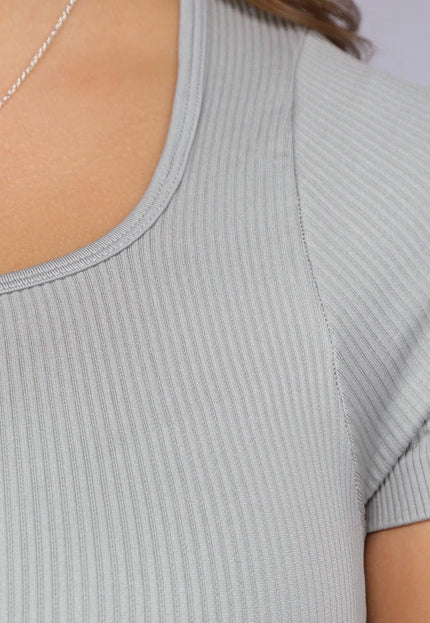 SALE30 Grijze Ribstof Stretch Shaping Bodysuit met Korte Mouwen