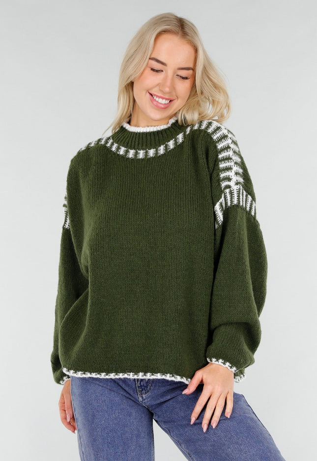 SALE30 Groene Gebreide Trui met Witte Details