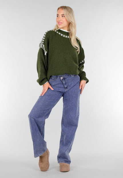 SALE30 Groene Gebreide Trui met Witte Details