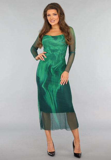 SALE30 Groene Mesh Jurk met Marmer Print