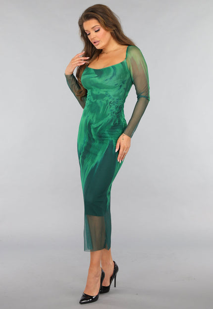SALE30 Groene Mesh Jurk met Marmer Print
