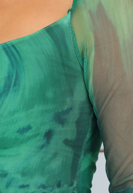 SALE30 Groene Mesh Jurk met Marmer Print