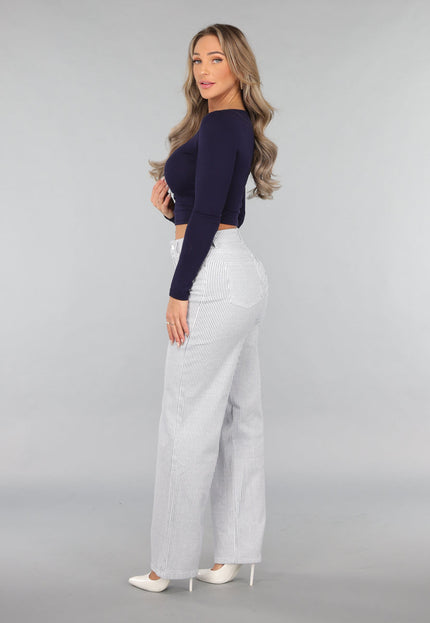 SALE30 High Rise Straight Leg Jeans met Streeppatroon