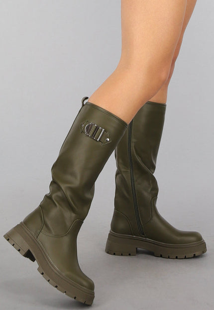 SALE30 Hoge Lederlook Boots in Khaki