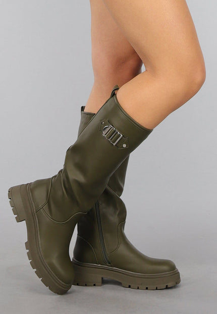 SALE30 Hoge Lederlook Boots in Khaki