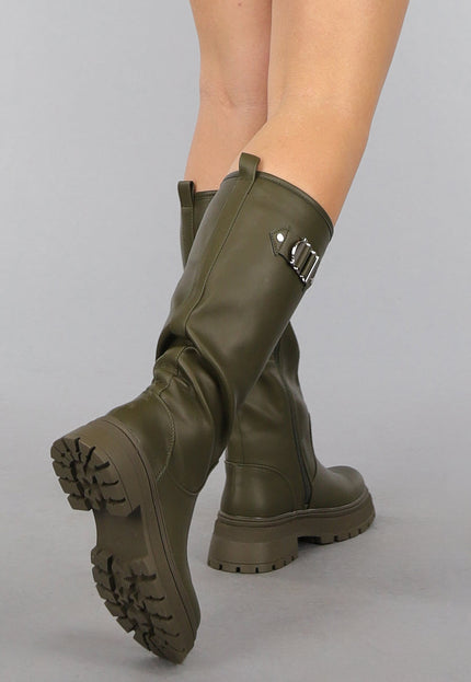 SALE30 Hoge Lederlook Boots in Khaki