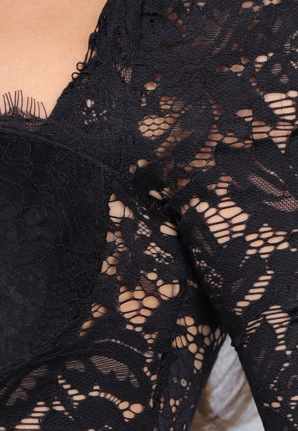 SALE30 Kanten Longsleeve Jurk met Pads en Split in Zwart