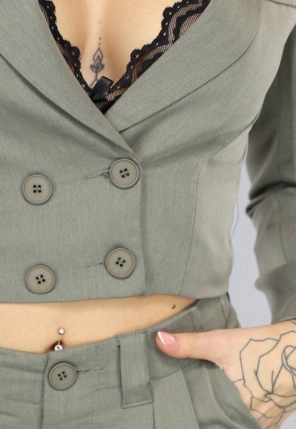 SALE30 Khaki 2-delig Dameskostuum met Wijde Broek