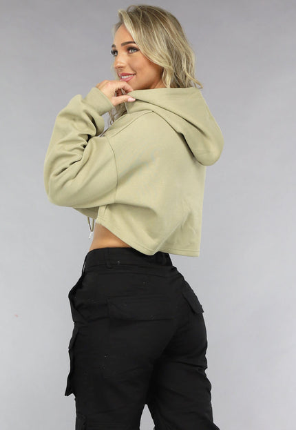 SALE30 Khaki Cropped Hoodie met Pofmouwen