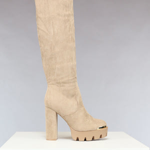 SALE30 Khaki Plateau Knielaarzen met Gouden Details