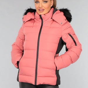 SALE30 Koraalkleurige Donsjas met Imitatiebont