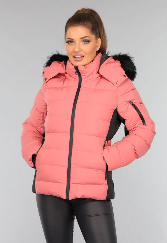 SALE30 Koraalkleurige Donsjas met Imitatiebont