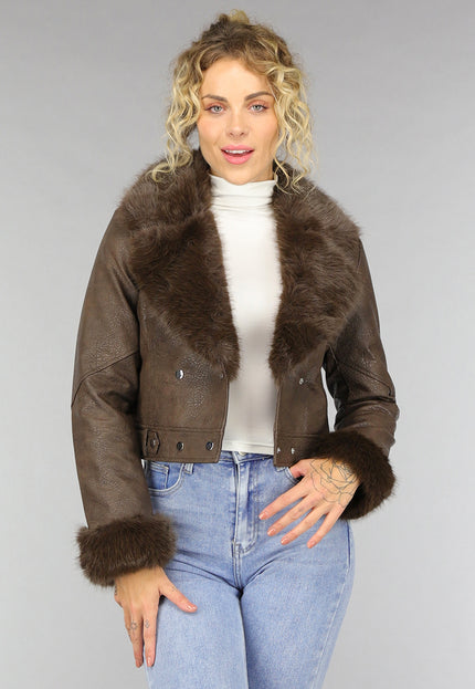 SALE30 Kort Bruin Jasje met Faux Fur Details
