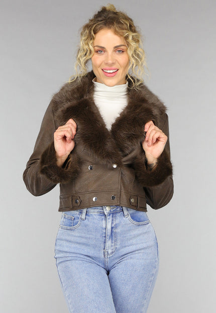 SALE30 Kort Bruin Jasje met Faux Fur Details