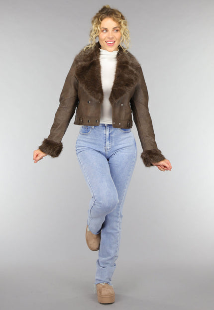 SALE30 Kort Bruin Jasje met Faux Fur Details