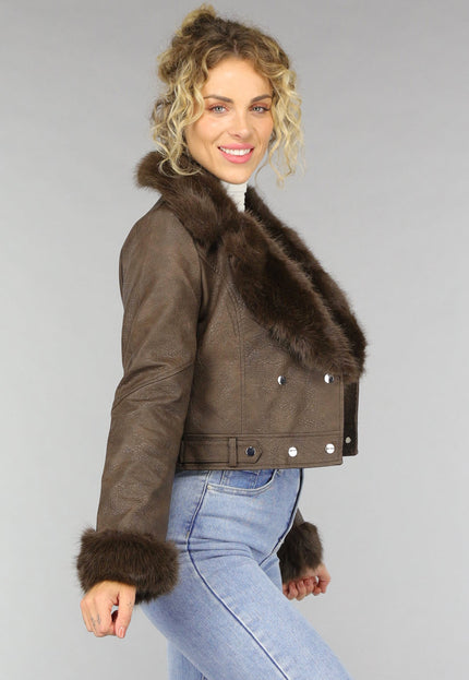 SALE30 Kort Bruin Jasje met Faux Fur Details