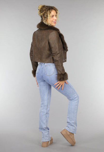 SALE30 Kort Bruin Jasje met Faux Fur Details