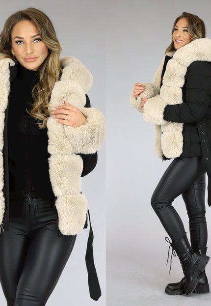 SALE30 Korte Zwarte Winterjas met Beige Bont