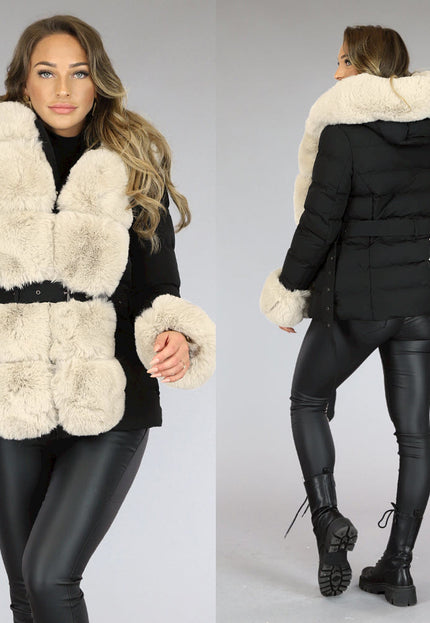 SALE30 Korte Zwarte Winterjas met Beige Bont