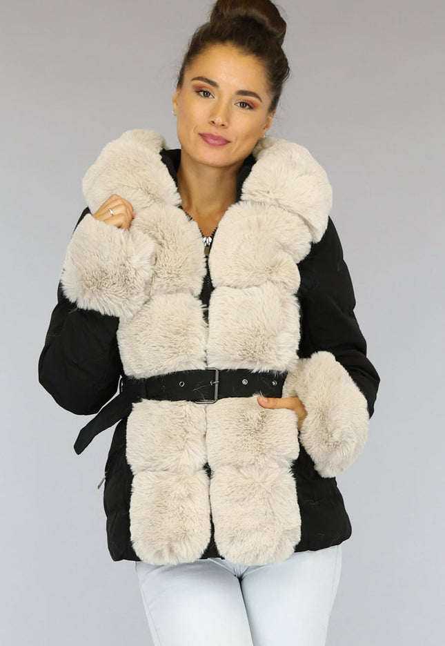 SALE30 Korte Zwarte Winterjas met Beige Bont