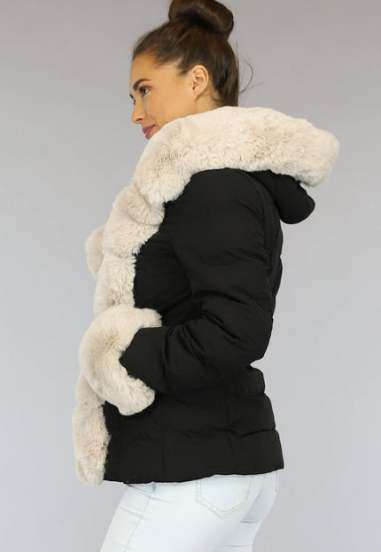 SALE30 Korte Zwarte Winterjas met Beige Bont