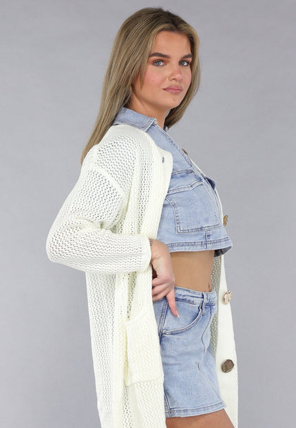 SALE30 Lang Ecru Oversized Vest met Gebreide Look