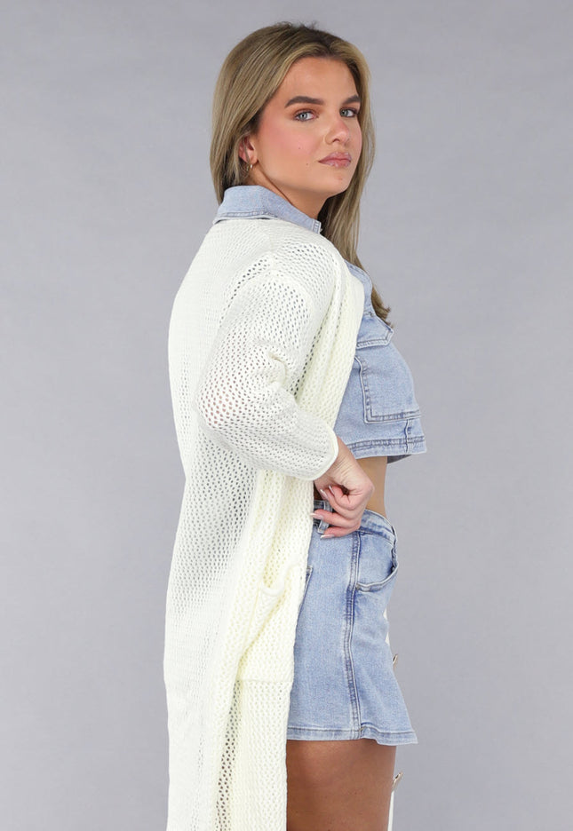 SALE30 Lang Ecru Oversized Vest met Gebreide Look