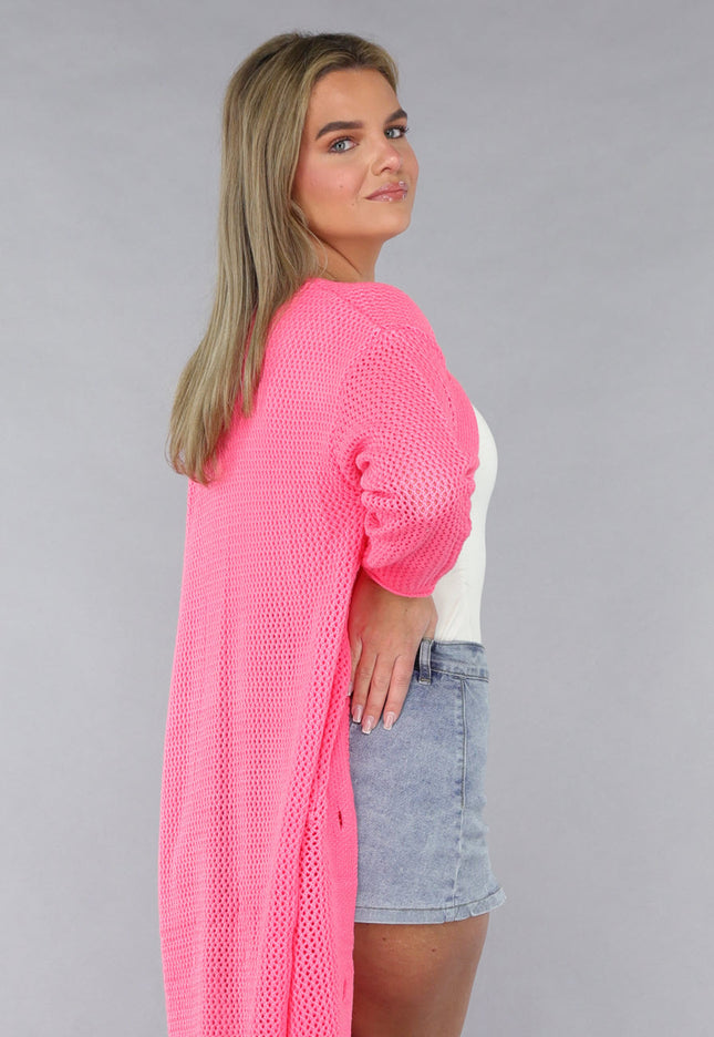 SALE30 Lang Roze Gebreid Vest met Statement Knopen