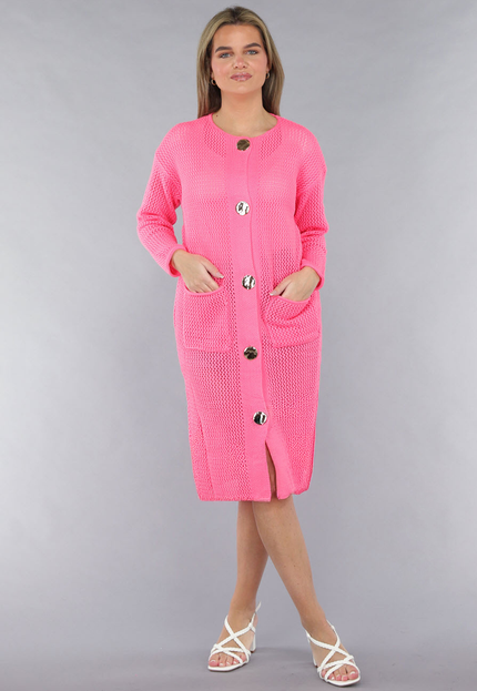 SALE30 Lang Roze Gebreid Vest met Statement Knopen