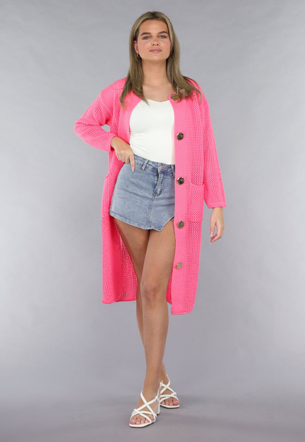 SALE30 Lang Roze Gebreid Vest met Statement Knopen