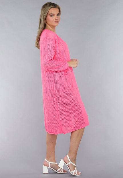 SALE30 Lang Roze Gebreid Vest met Statement Knopen