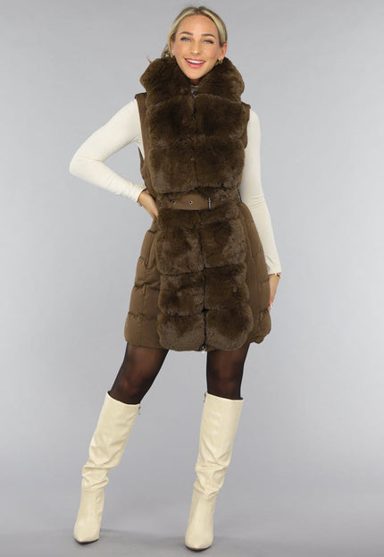 SALE30 Lange Faux Fur Camel Bodywarmer met Riem