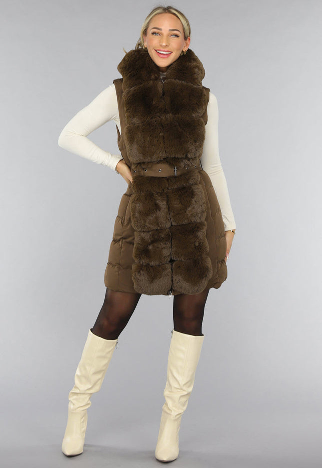 SALE30 Lange Faux Fur Camel Bodywarmer met Riem