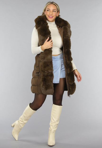 SALE30 Lange Faux Fur Camel Bodywarmer met Riem