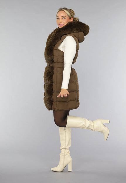 SALE30 Lange Faux Fur Camel Bodywarmer met Riem