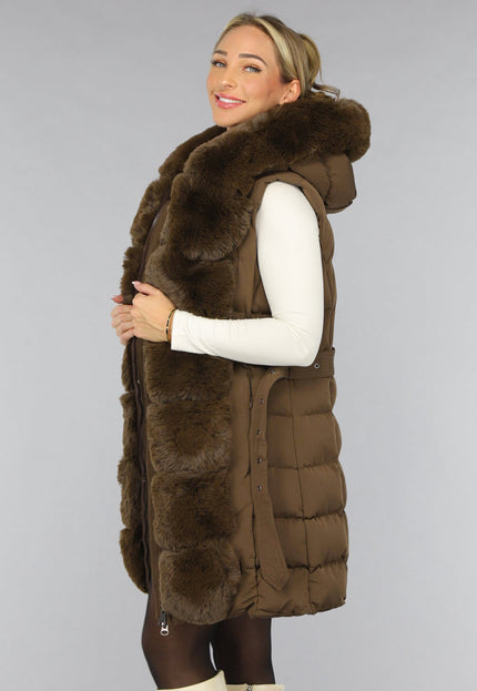 SALE30 Lange Faux Fur Camel Bodywarmer met Riem