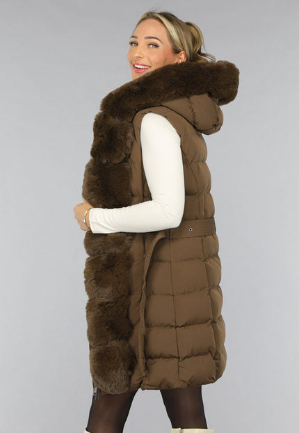 SALE30 Lange Faux Fur Camel Bodywarmer met Riem