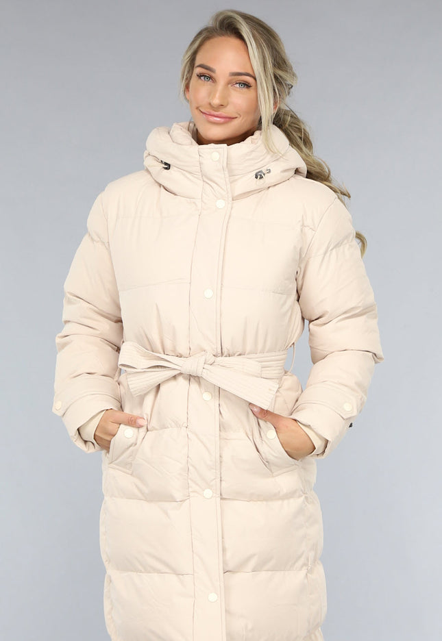 SALE30 Lange Gewatteerde Beige Winterjas