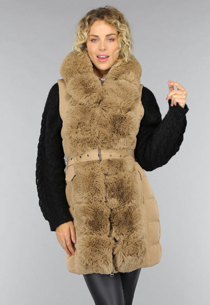 SALE30 Lange Gewatteerde Camel Bodywarmer met Bont