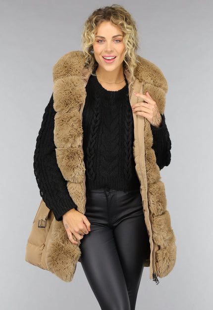 SALE30 Lange Gewatteerde Camel Bodywarmer met Bont