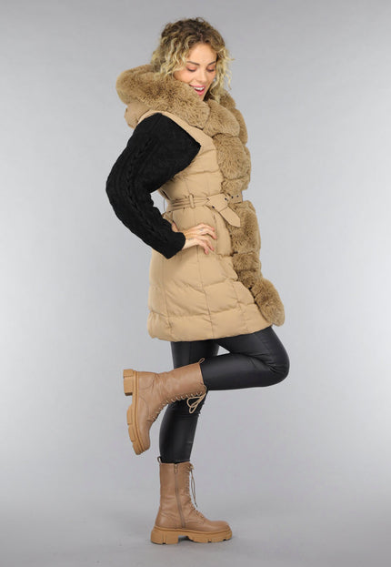 SALE30 Lange Gewatteerde Camel Bodywarmer met Bont