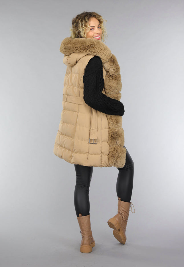 SALE30 Lange Gewatteerde Camel Bodywarmer met Bont