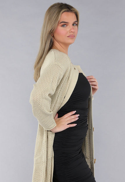 SALE30 Lange Oversized Beige Cardigan met Gouden Knopen