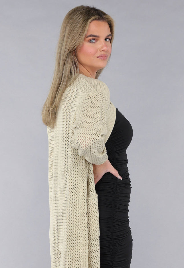 SALE30 Lange Oversized Beige Cardigan met Gouden Knopen
