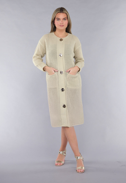 SALE30 Lange Oversized Beige Cardigan met Gouden Knopen