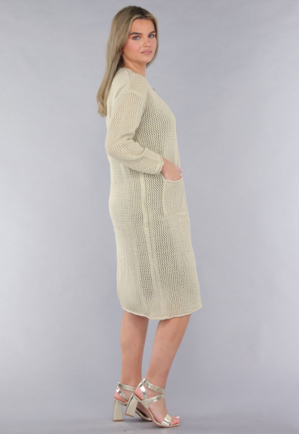 SALE30 Lange Oversized Beige Cardigan met Gouden Knopen