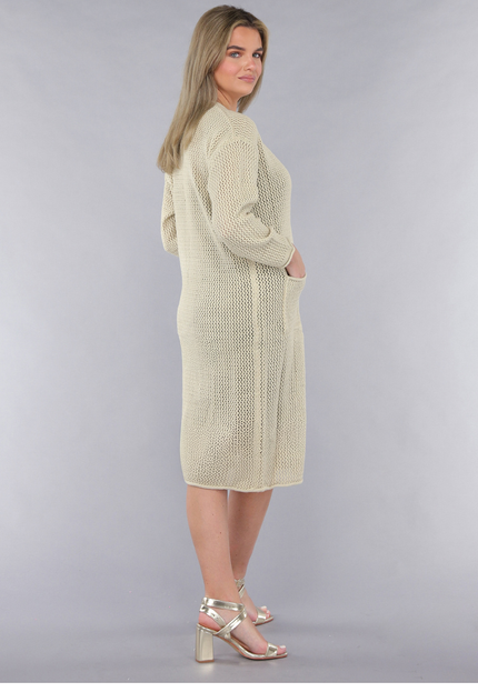 SALE30 Lange Oversized Beige Cardigan met Gouden Knopen