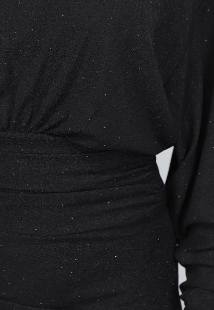 SALE30 Lange Zwarte Geplooide Glitter Jurk met Strass